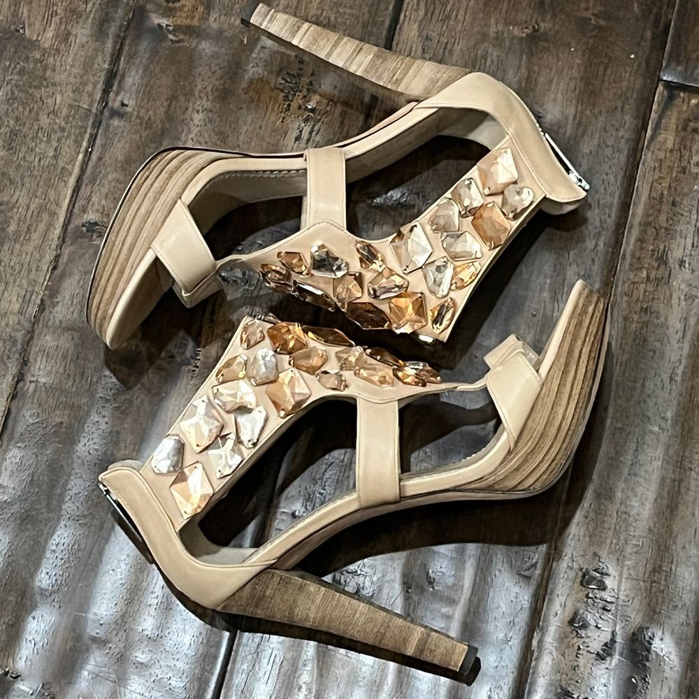 Jean-Michel Cazabat Crystal Embellished Platform Leather High Heels Nude Sz 7.5 - Picture 11 of 16